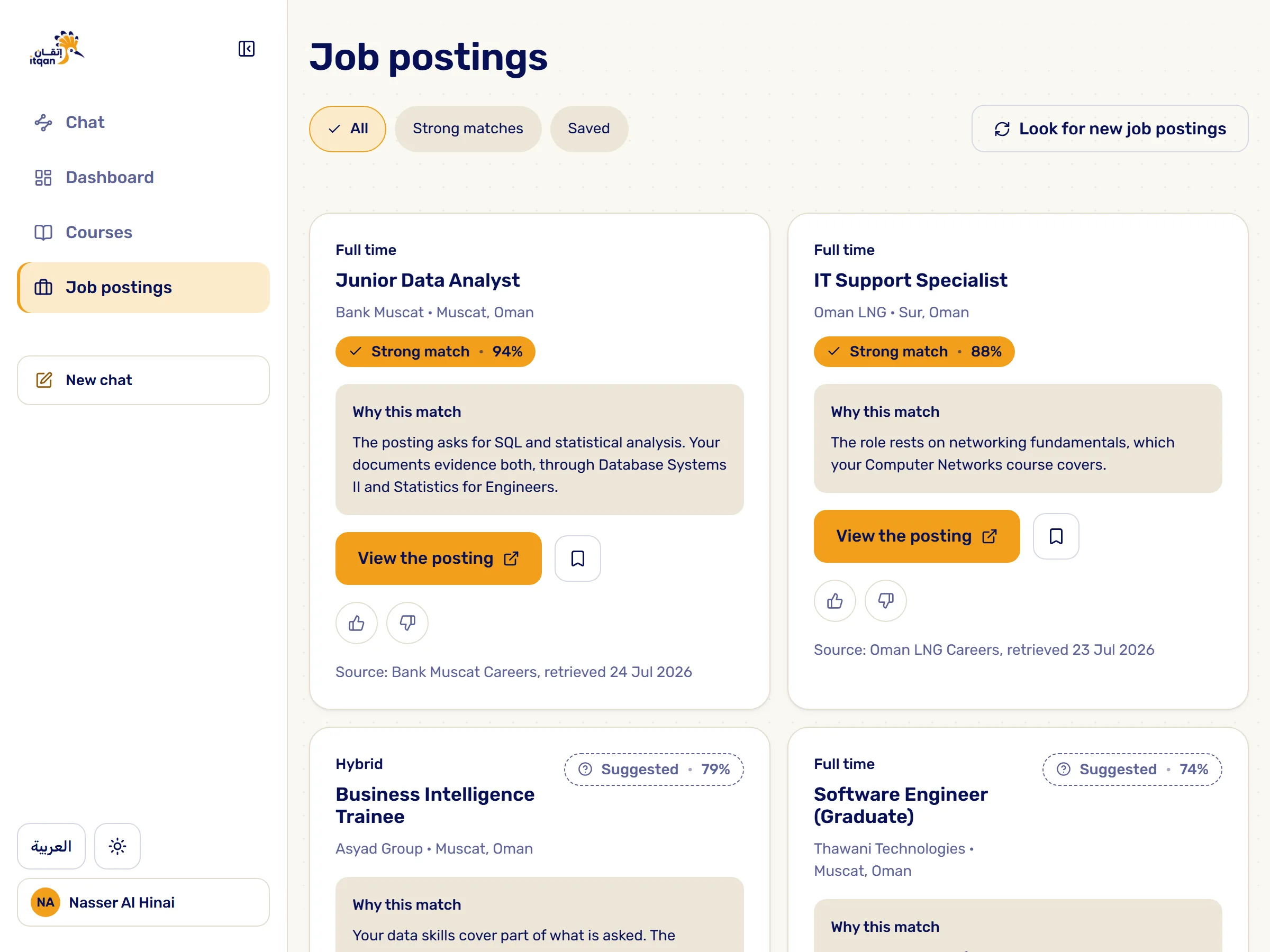 A recommendation is a chain with three links: where you stand, what the role asks for, and a posting that asks for it right now. Itqan shows the whole chain under the name why this match, points at the thing in your own documents that caused it, and links out to the live posting with the date it was found. When one link is weaker it says so instead of rounding up.